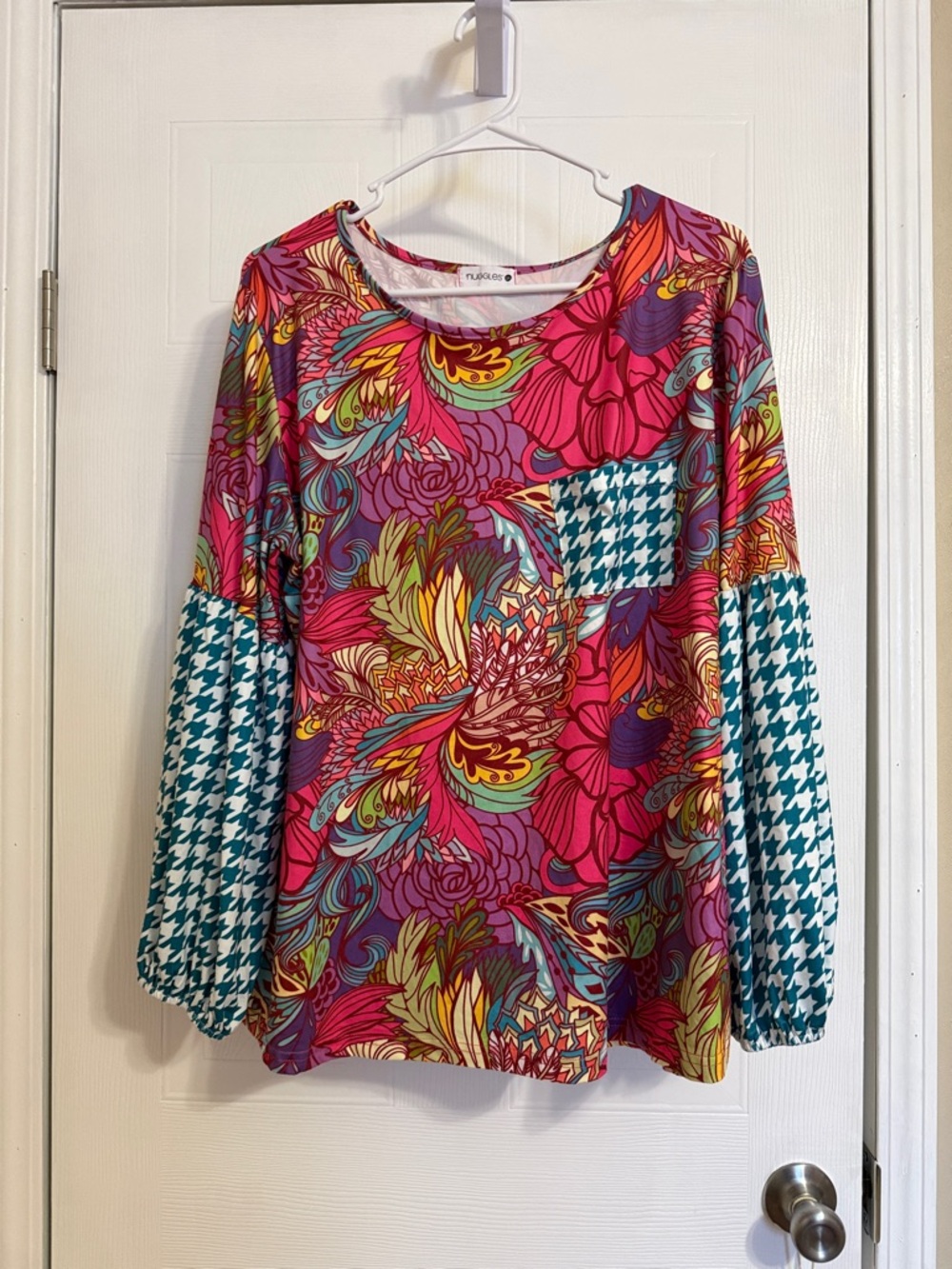 Colorful Floral Mix-Print Long Sleeve Top with Teal Houndstooth Sleeves